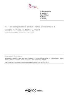 — Le comportement animal : Par N. Bonaventure, J. Medioni, H. Piéron, N. Riche, G. Viaud - compte-rendu ; n°1 ; vol.59, pg 215-232
