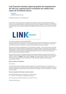 Link Financial nommée organe de gestion de remplacement de TdA Lico Leasing III pour la titrisation de crédits d une valeur de 78 millions d euros