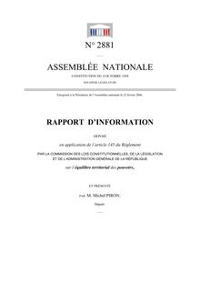 Rapport d'information déposé en application de l'article 145 du Règlement par la Commission des lois constitutionnelles, de la législation et de l'administration générale de la République sur l'équilibre territorial des pouvoirs