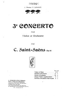 Partition complète, violon Concerto No.3, B minor, Saint-Saëns, Camille