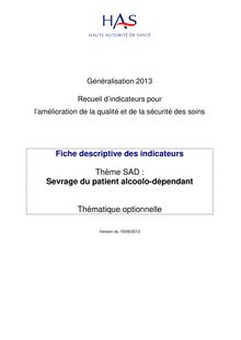 IPAQSS - SAD  fiche descriptive des indicateurs du thème « prise en charge du sevrage du patient alcoolo-dépendant » - septembre 2013