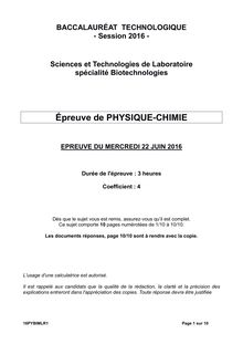 Baccalauréat Physique - Chimie 2016 série STL Bio