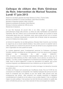Colloque de clôture des Etats Généraux du rein - Discours de Marisol Touraine - lundi 17 juin 2013
