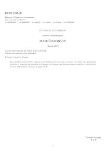 Mathématiques 2001 Classe Prepa HEC (STG) Concours Ecricome