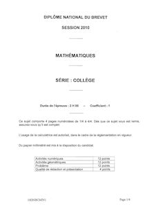 Mathématiques 2010 Brevet (filière générale)