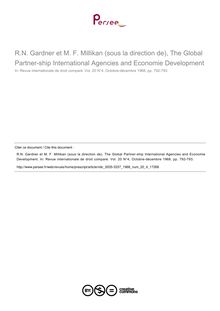 R.N. Gardner et M. F. Millikan (sous la direction de), The Global Partner-ship International Agencies and Economie Development - note biblio ; n°4 ; vol.20, pg 792-793