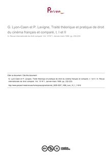 G. Lyon-Caen et P. Lavigne, Traité théorique et pratique de droit du cinéma français et comparé, t. I et II - note biblio ; n°1 ; vol.10, pg 232-233