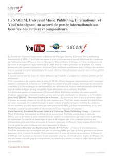 La SACEM, Universal Music Publishing International, et YouTube signent un accord de portée internationale au bénéfice des auteurs et compositeurs