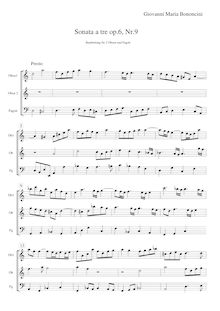 Partition Transcription pour 2 hautbois et basson: Score, parties, Triosonate Op.6, No 9