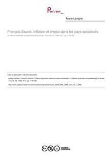 François Seurot, Inflation et emploi dans les pays socialistes  ; n°1 ; vol.15, pg 178-182