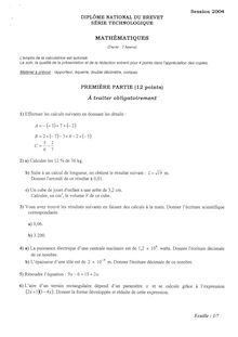 Mathématiques 2004 Brevet (filière technologique)