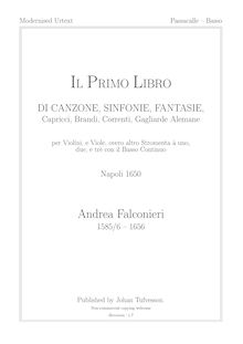 Partition Basso, Il primo libro di Canzone, Sinfonie, Fantasie, Capricci, Brandi, Correnti, Gagliarde, Alemane, Volte