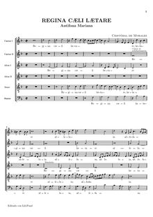 Partition choral Score, Regina caeli, laetare, Antifona Mariana par Cristóbal de Morales