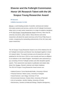 Elsevier and the Fulbright Commission Honor UK Research Talent with the UK Scopus Young Researcher Award
