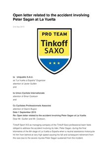 Accident Peter Sagan : l équipe Tinkoff-Saxo a publié une lettre ouverte