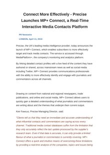 Connect More Effectively - Precise Launches MP+ Connect, a Real-Time Interactive Media Contacts Platform