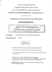 Compréhension d un texte littéraire 2007 Institut d Orthophonie Gabriel Decroix Université Lille 2