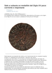 Sale a subasta un medallón del Siglo XV poco corriente e importante
