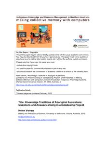 Title: Knowledge Traditions of Aboriginal Australians: Questions ...