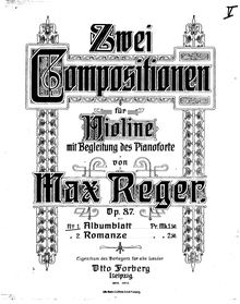 Partition de piano, 2 Compositions pour violon et Piano par Max Reger