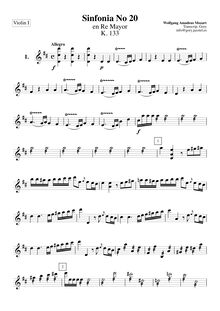 Partition violons I, Symphony No.20, D major, Mozart, Wolfgang Amadeus