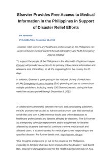 Elsevier Provides Free Access to Medical Information in the Philippines in Support of Disaster Relief Efforts