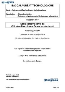 Sujet Bac STL 2017 - Chimie - biochimie - sciences du vivant 