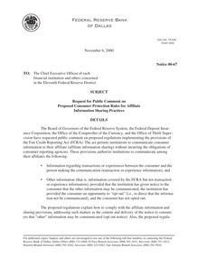 Request for Public Comment on Proposed Consumer Protection Rules for  Affiliate Information Sharing 
