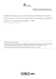 Elisabeth Bourguinat, Le persiflage dans la littérature française du 18e siècle (1735-1810). Modernité d un néologisme, thèse de doctorat, université Aix-Marseille 1, 1995  ; n°1 ; vol.46, pg 137-139