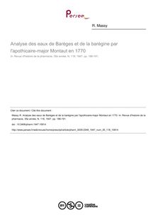 Analyse des eaux de Barèges et de la barégine par l apothicaire-major Montaut en 1770 - article ; n°118 ; vol.35, pg 186-191