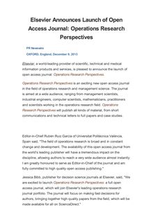 Elsevier Announces Launch of Open Access Journal: Operations Research Perspectives