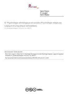 Psychologie ethnologique et sociale (Psychologie religieuse. Logique et Lingustique comparées). - compte-rendu ; n°1 ; vol.21, pg 365-371