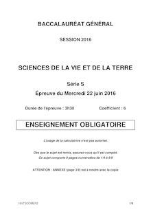 Baccalauréat Sciences de la Vie et de la Terre obligatoire 2016 série S
