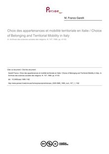 Choix des appartenances et mobilité territoriale en Italie / Choice of Belonging and Territorial Mobility in Italy - article ; n°1 ; vol.107, pg 41-53