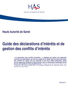 Attribution du label de la HAS à des recommandations de bonne pratique - Guide des déclarations d’intérêts et de gestion des conflits - Juillet 2013
