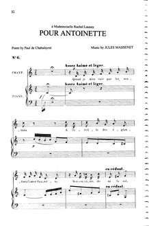 Partition complète (C Major: medium voix et piano), Pour Antoinette