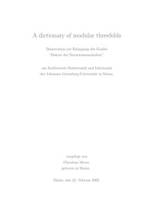 A dictionary of modular threefolds [Elektronische Ressource] / vorgelegt von Christian Meyer