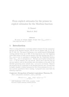 From explicit estimates for the primes to explicit estimates for the Moebius function