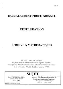 Mathématiques 2002 Bac Pro - Restauration