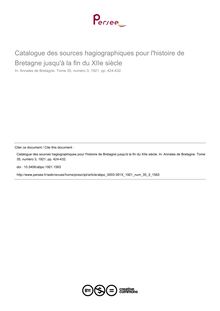 Catalogue des sources hagiographiques pour l histoire de Bretagne jusqu à la fin du XIIe siècle - article ; n°3 ; vol.35, pg 424-432
