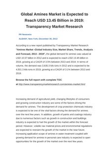 Global Amines Market is Expected to Reach USD 13.45 Billion in 2019: Transparency Market Research