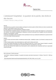 L adolescent hospitalisé : la question de la parole, des droits et des devoirs - article ; n°3 ; vol.45, pg 231-236