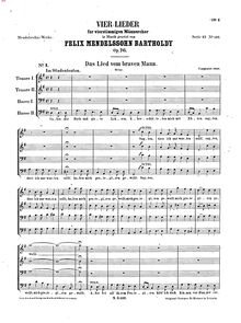 Partition complète, 4 chansons pour 4 masculin voix, Op.76, Mendelssohn, Felix