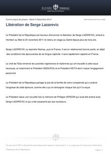 Le Président de la République est heureux d'annoncer la libération de Serge LAZAREVIC