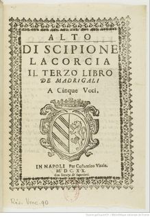 Partition Alto, Il terzo libro de Madrigali a cinque voci, Lacorcia, Scipione