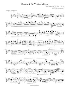 Partition Sonata No.2 en A major, 4 violon Solo sonates, Reger, Max
