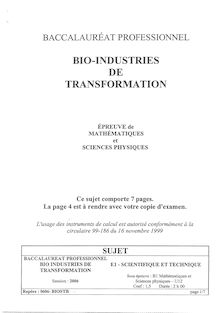 Mathématiques et sciences physiques 2006 Bac Pro - Bio-industries de transformation