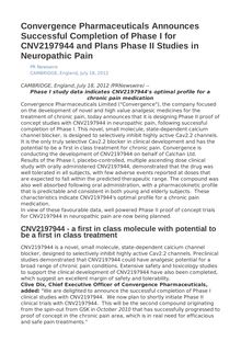 Convergence Pharmaceuticals Announces Successful Completion of Phase I for CNV2197944 and Plans Phase II Studies in Neuropathic Pain