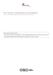 M.A. Tancelin, Jurisprudence sur les obligations - note biblio ; n°2 ; vol.26, pg 437-437