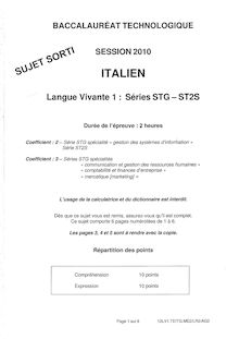 BACCALAURÉAT Thecnologique (Session 2010) Epreuve de Langue Vivante 1:  ITALIEN  Séries STG- ST2S